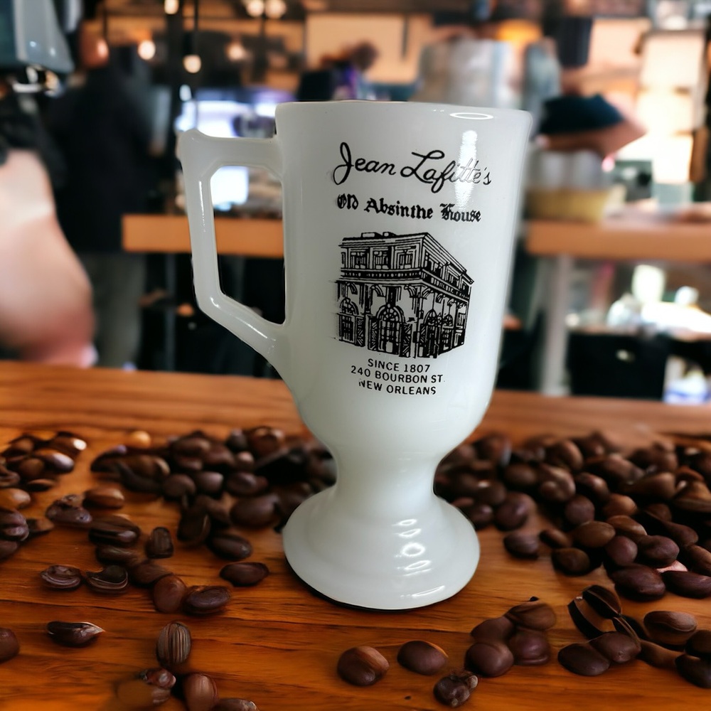 Vintage Milk Glass Coffee Mug Cup”Jean Lafitte’s” Old Absinthe House 240 Bourbon